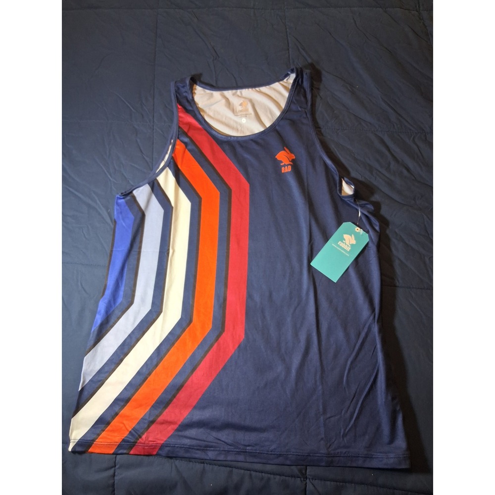 Rabbit Mens Welcome to the RADness EZ Tank Navy Blue Retro Stripe Running Singlt